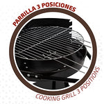 Barbacoa carbón portátil Aktive Ø42x74 cm Redonda | 3 alturas regulables | 2 ruedas para facilitar el transporte | Montaje rápido y fácil | Parrilla con dos mangos extraíbles
