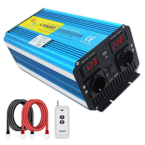Inversor de Corriente Onda Sinusoidal Pura 3000W/6000W Convertidor 12V a 220V 230V con Control Remoto Salidas de AC Dobles & Pantalla 2 LED