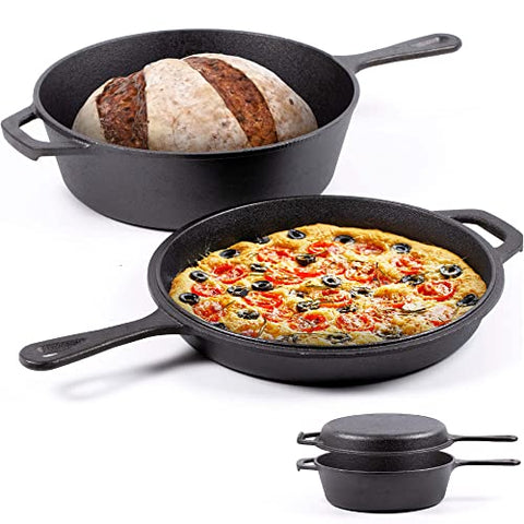Olla de hierro fundido 26CM quemada compatible con inducción - Asador 2 en 1 de hierro fundido 3,0 L con sartén 1,5L