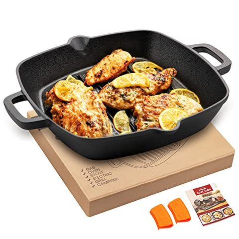 Overmont Sartén de hierro fundido lista para usar con dos asas, 26 cm