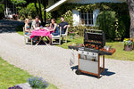Barbacoa de gas Campingaz 3 Series Woody LX con 3 quemadores de acero inoxidable y bandejas laterales plegables de madera, barbacoa de pie con tapa y termómetro, sistema de limpieza InstaClean