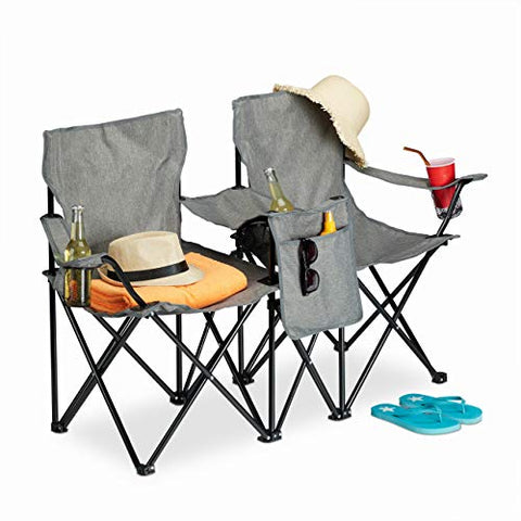 Relaxdays Silla Camping Doble, Plegable, Asiento Playa y Pesca, Compacta y Portátil, Posavasos, 80 x 139 x 46 cm, Gris