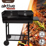 AKTIVE 52897 - Barbacoa carbón y leña de doble parrilla 97 x 42 x 96 cm; 2 alturas regulables, depósito de cenizas extraíble y fácil de limpiar, bandeja para utensilios, 2 ruedas para fácil transporte