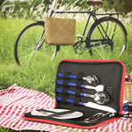 Odoland 8 Piezas Kit de Cubiertos para Camping, Juego de Utensilios para Picnic, Cubiertos de Cocina para Acampar, Tenedor Cucharas, Cuchillo, Abridor de Vino, Plato, Azul