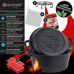 KESSER® Horno holandés 2 en 1, olla de hierro fundido 4,8 l y sartén 1,8 l quemados, listo para usar incl. libro de cocina, cacerola de doble función, tapa/sartén para cocina, camping