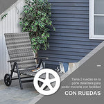 Outsunny Tumbona de Jardín de Ratán 192x74x55 cm con Respaldo Reclinable en 7 Posiciones Reposabrazos y Ruedas Marco de Aluminio para Patio Terraza Balcón Gris