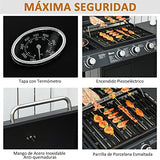 Outsunny Barbacoa de Gas BBQ con Ruedas Parrilla Gas con 3+1 Quemadores de 11,6 KW 2 Mesas Laterales y Termómetro Acero 110x50x100 cm Negro