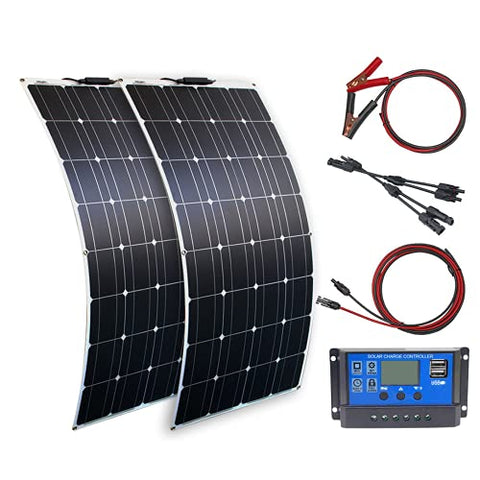 Kit de Placa Solar 100W 12V y 20A Controlador de Carga Solar y Cable Solar para batería de 12v Camping o hogar al aire libre(200 Vatios)