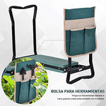 Outsunny Taburete de Jardín Plegable con Bolsa para Herramientas Protección Cojín Rodillas Asiento de Jardín con Almohadilla Altura Ajustable Soporta un máximo 150kg Color Verde Negro