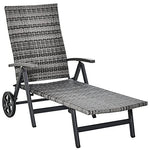 Outsunny Tumbona de Jardín de Ratán 192x74x55 cm con Respaldo Reclinable en 7 Posiciones Reposabrazos y Ruedas Marco de Aluminio para Patio Terraza Balcón Gris
