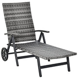 Outsunny Tumbona de Jardín de Ratán 192x74x55 cm con Respaldo Reclinable en 7 Posiciones Reposabrazos y Ruedas Marco de Aluminio para Patio Terraza Balcón Gris