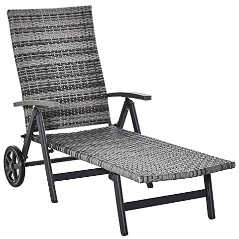 Outsunny Tumbona de Jardín de Ratán 192x74x55 cm con Respaldo Reclinable en 7 Posiciones Reposabrazos y Ruedas Marco de Aluminio para Patio Terraza Balcón Gris