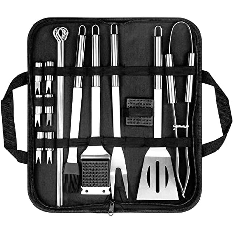 PHILORN Utensilios Barbacoas, Accesorios de Barbacoa [20Pcs] Herramienta Barbacoa, Utensilios Parrilla con Espátula Pinzas Barbacoa Pinceles Brochetas Sostenedores Maíz y Bolsa Fácil de Transportar