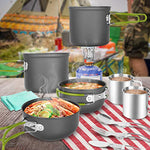 Odoland 16 Piezas Juego de Utensilios de Cocina para Camping Incl. 2 x Ollas Camping, 2 x Sartén de Aluminio, Estufa de Camping y 2X Taza de Acero Inoxidable - Kit de Camping