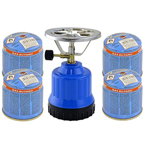 TronicXL Cocina de gas para camping de 1 foco, quemador de aluminio + 4 cartuchos de gas Butano