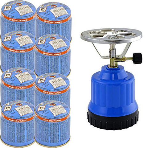 TronicXL Hornillo de cocina gas de camping de 1 foco, quemador de aluminio + 8 botellas de gas butano