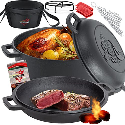 KESSER® Horno holandés 2 en 1, olla de hierro fundido 4,8 l y sartén 1,8 l quemados, listo para usar incl. libro de cocina, cacerola de doble función, tapa/sartén para cocina, camping