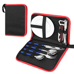 Odoland 8 Piezas Kit de Cubiertos para Camping, Juego de Utensilios para Picnic, Cubiertos de Cocina para Acampar, Tenedor Cucharas, Cuchillo, Abridor de Vino, Plato, Azul