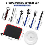 Odoland 8 Piezas Kit de Cubiertos para Camping, Juego de Utensilios para Picnic, Cubiertos de Cocina para Acampar, Tenedor Cucharas, Cuchillo, Abridor de Vino, Plato, Azul