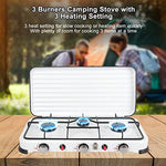 Qdreclod Hornillo de gas para camping, 3 fuegos, con manguera de conexión y reductor de presión, portátil, con tapa resistente al viento, adecuado para ollas con diferentes diámetros