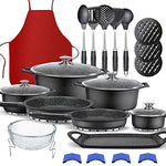Set de Cocina Titanio de 25 Piezas | 4 Tapas de Vidrio Templado | Aluminio + Titanio y fondo de piedra antiadherente | Base Multisuperficie incluida HORNO