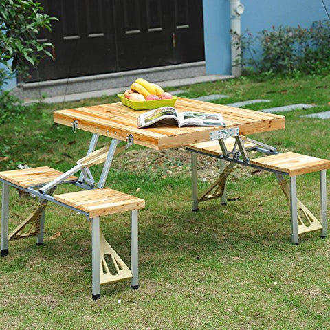 Outsunny Maleta Mesa Plegable Madera de Pino para Camping Picnic Playa con  4 Asientos Agujero de Sombrilla