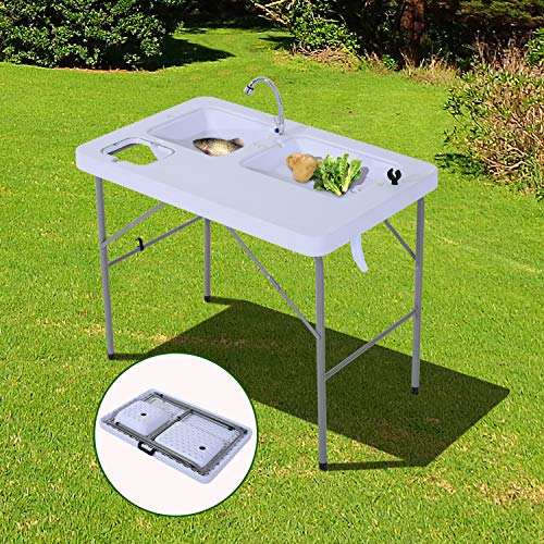 Outsunny Mesa Plegable de Picnic con Fregadero Grifo y Pistola de Riego  Extensible para Camping Barbacoa Exterior 114,5x59x94,5 cm Blanco  114,5x59x94,5cm